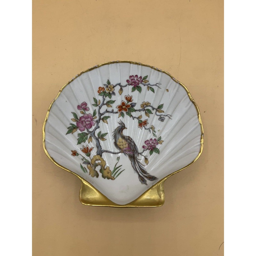 Vintage Limoges France Clam Shell-Shaped Dish with Birds and Flowers Gold Trim